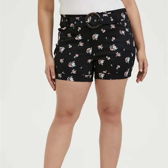 🆕 SIZE 16 BELTED MID SHORT - SATEEN FLORAL BLACK - Picture 1 of 5